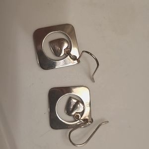 Sterling silver square earrings with dangling heart, 3/4 inch